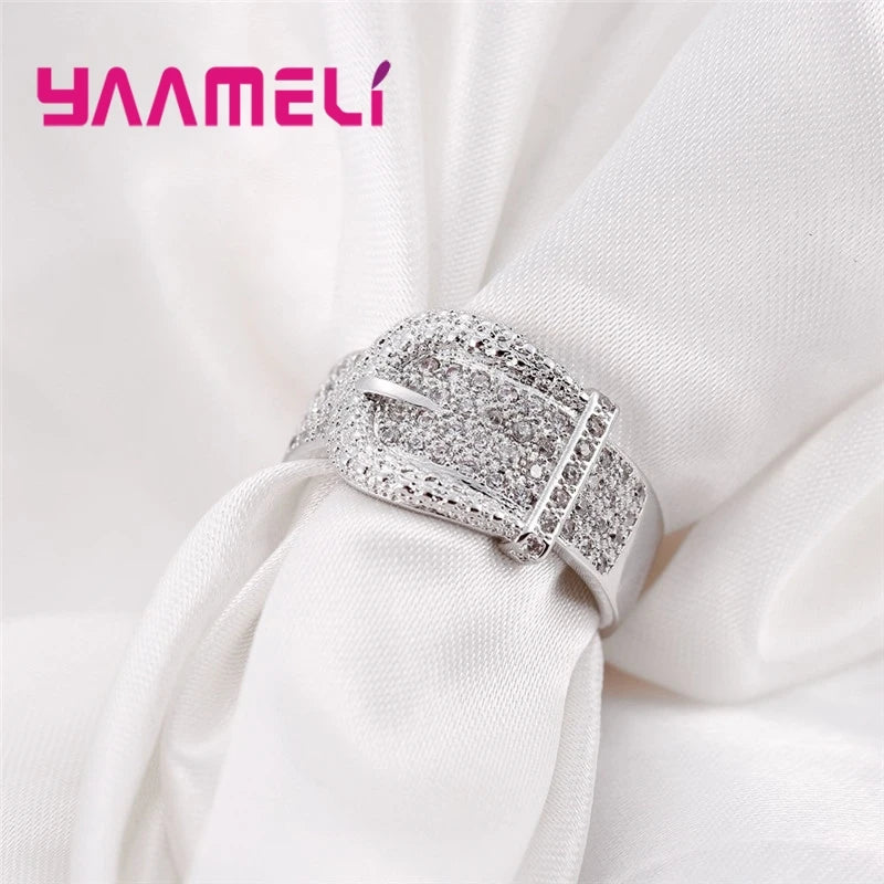 New Shiny 925 Serling Silver Color Belt Ring for Women Full Tiny Austrian Crystals Inlay Paved High Quality Hot Sale Jewelry Qme