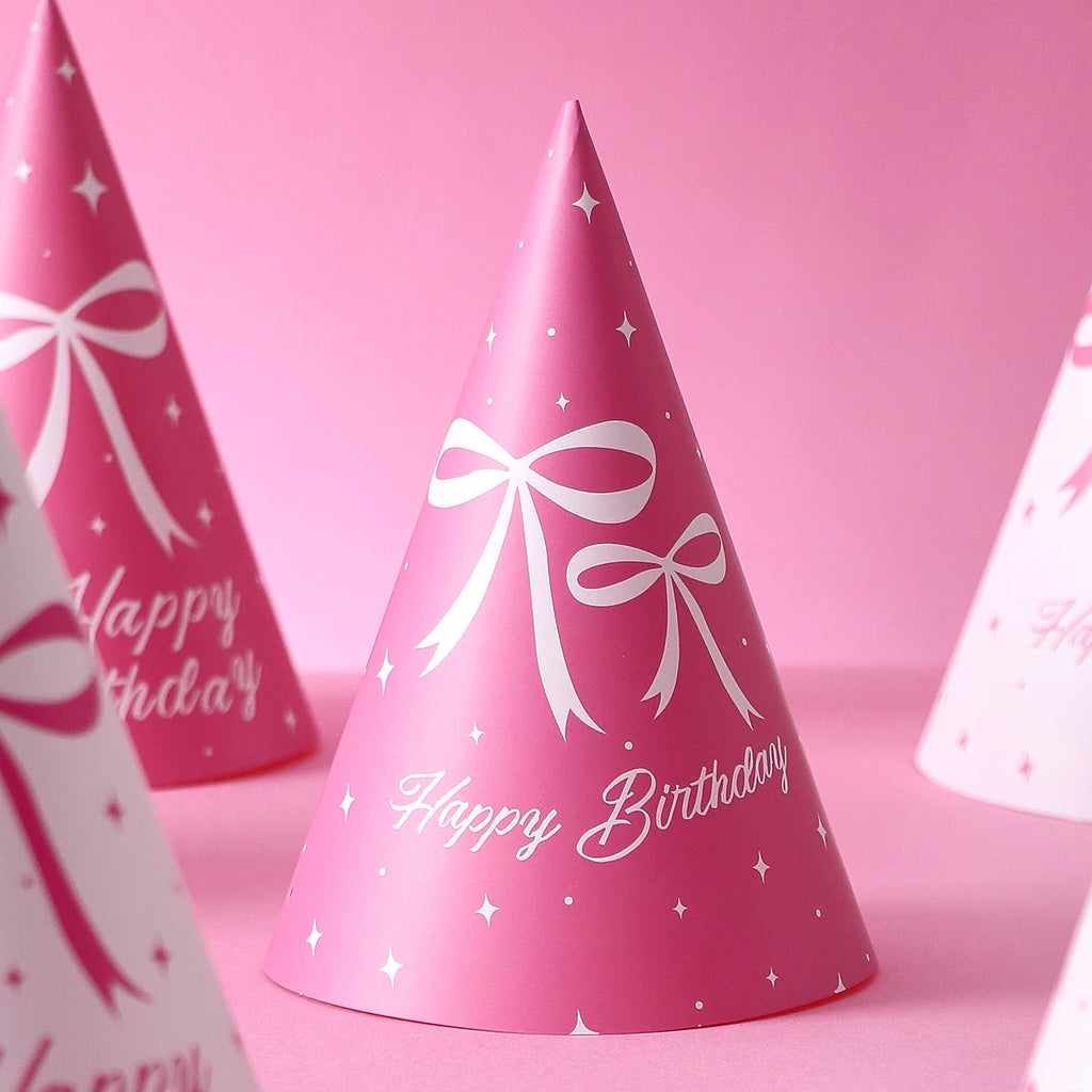 6 Pink Bow-Themed Party Paper Hats, Cute and Beautiful Pink Bow Designs, Suitable for Birthday Parties, Gender Reveal Parties, Birthday Gifts, Pink Bow Decoration Birthday Hats, Baby Party Photography Props, Party Favors, Gen Qme