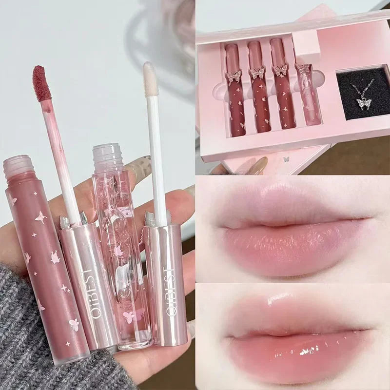 QIBEST 4 Pcs Lip Makeup Sets Include 3*Matte Liquid Lipstick And 1*Lip Balm Oil Moisturizing Lasting Water Proofs Lips Cosmetics Qme