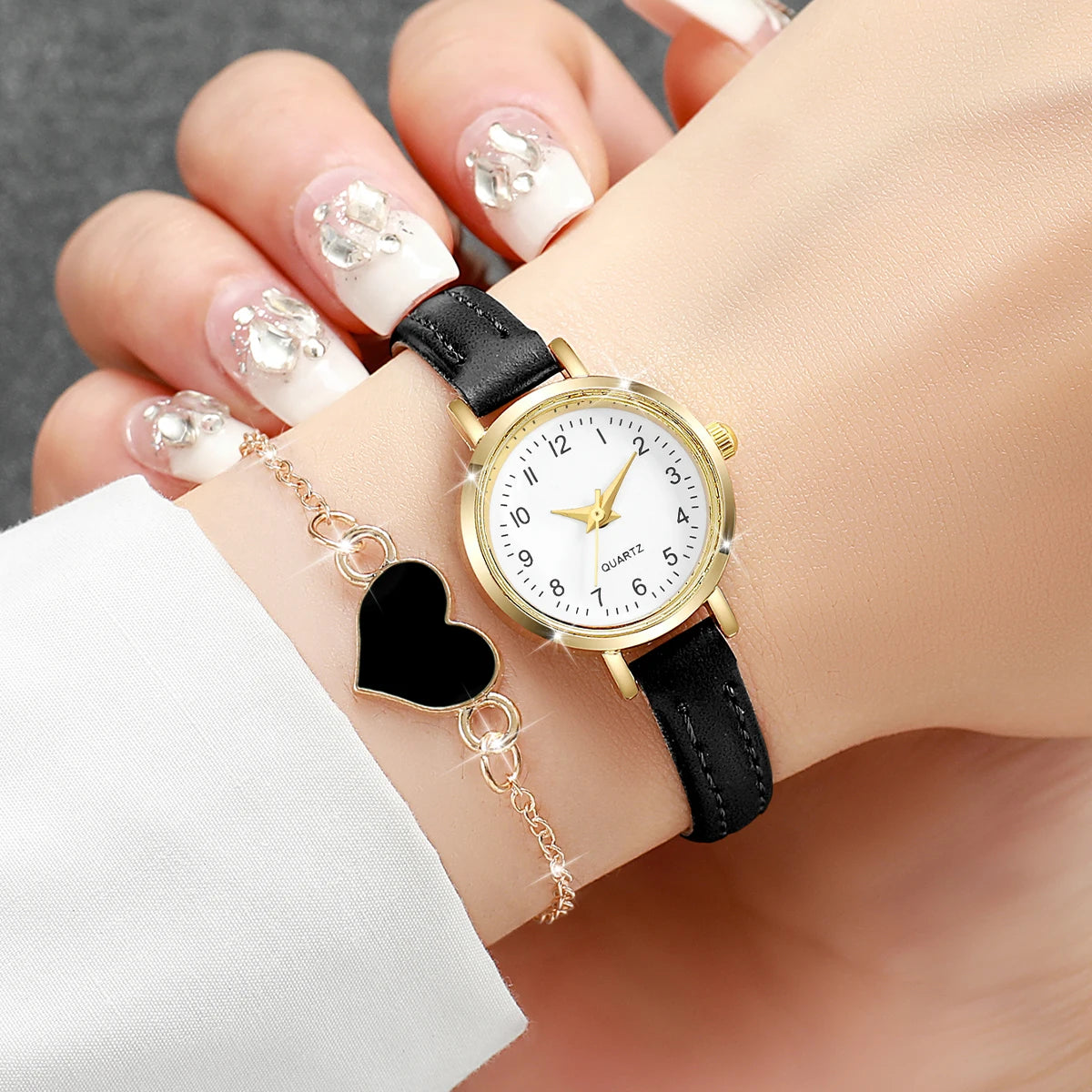 Hot Sale 2Pcs Gold Women's Watch & Bracelet Set, White Dial Watch with Black Strap + Black Heart Bracelet, Elegant Style Qme Black Without Box