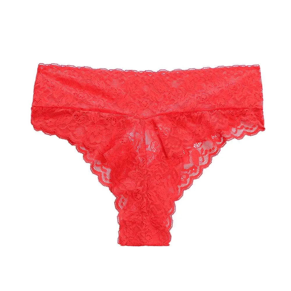 Soft Mid Waist Lace Panties Flower Transparent Underwear Women Qme Red M 1pc
