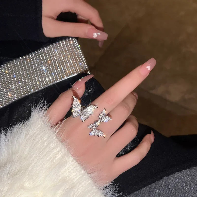 Luxury Sliver Color Zircon Multi Butterfly Open Ring for Women Exaggerated Personality Adjustable Finger Ring Wedding Jewelry Qme