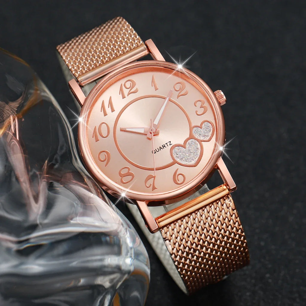 Fake mesh quartz watch for women, casual and fashionable, heart-shaped, male and female students, high-end sense watch Qme