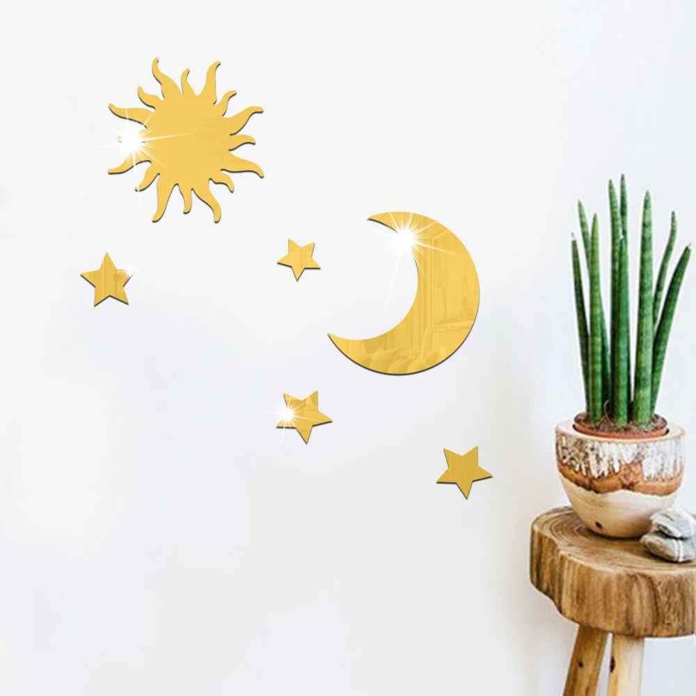 6PCS Star Moon Combination Mirror Acrylic Stereo Self Adhesive Diy Bedroom Living Room Can Be Removed Wall Stickers Qme