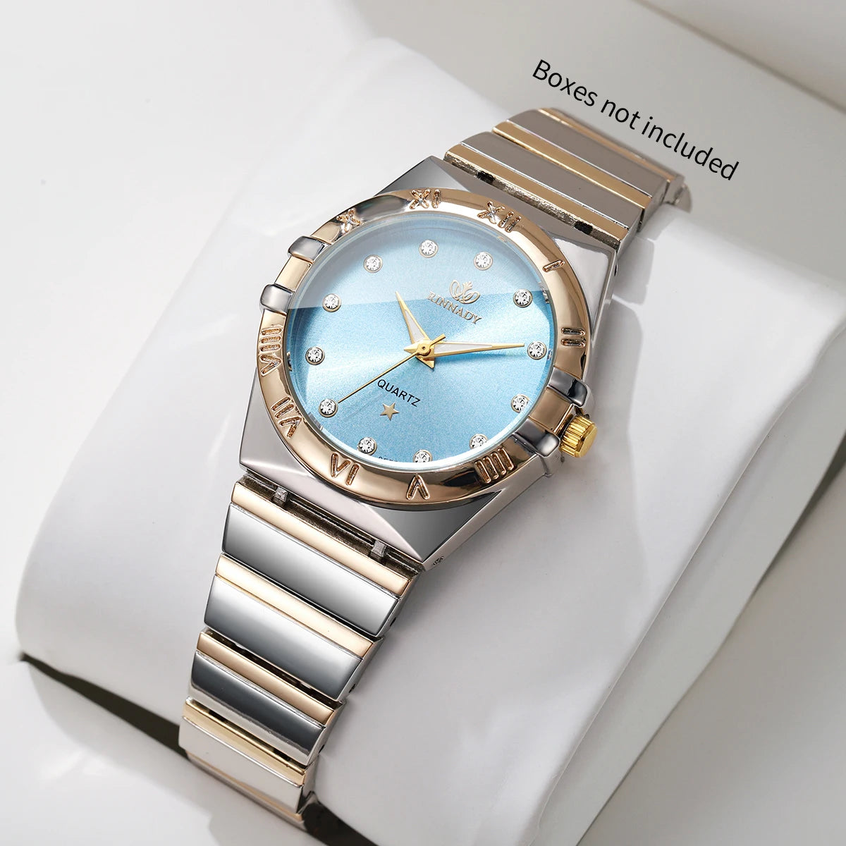 Elegant Women Two Tone Metal Band Quartz Watch Rhinestone Decor Light Blue Dial Casual Ladies Wrist Watch Gift Qme Blue No Box