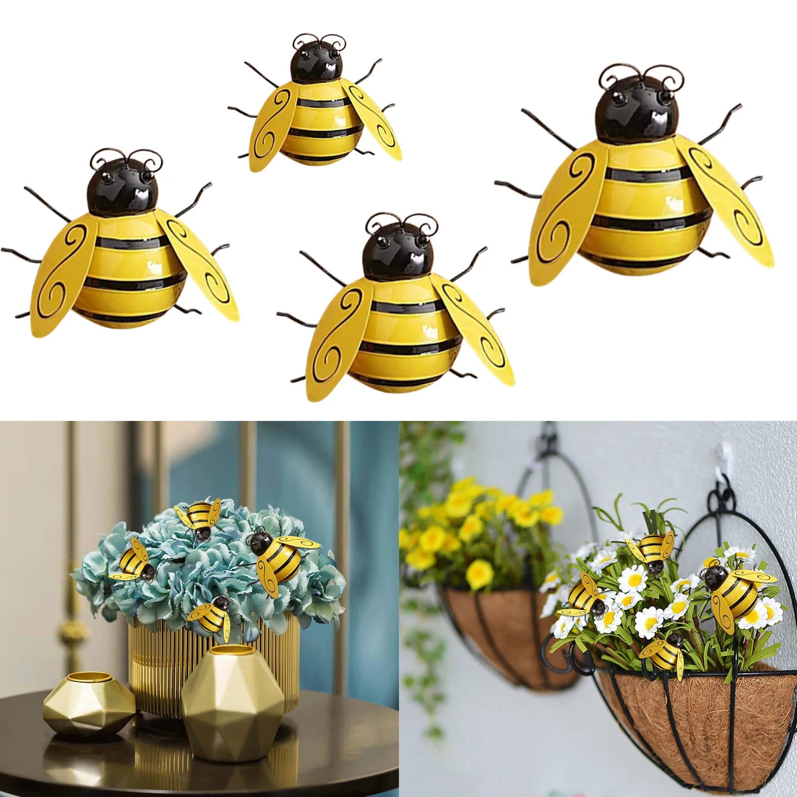 4PCS Simulated Bumble Bee Art Set Garden Sculptures for Patio Yard Outdoor Decoration Plant Flower Pot Realism Ornaments Qme As show One Size