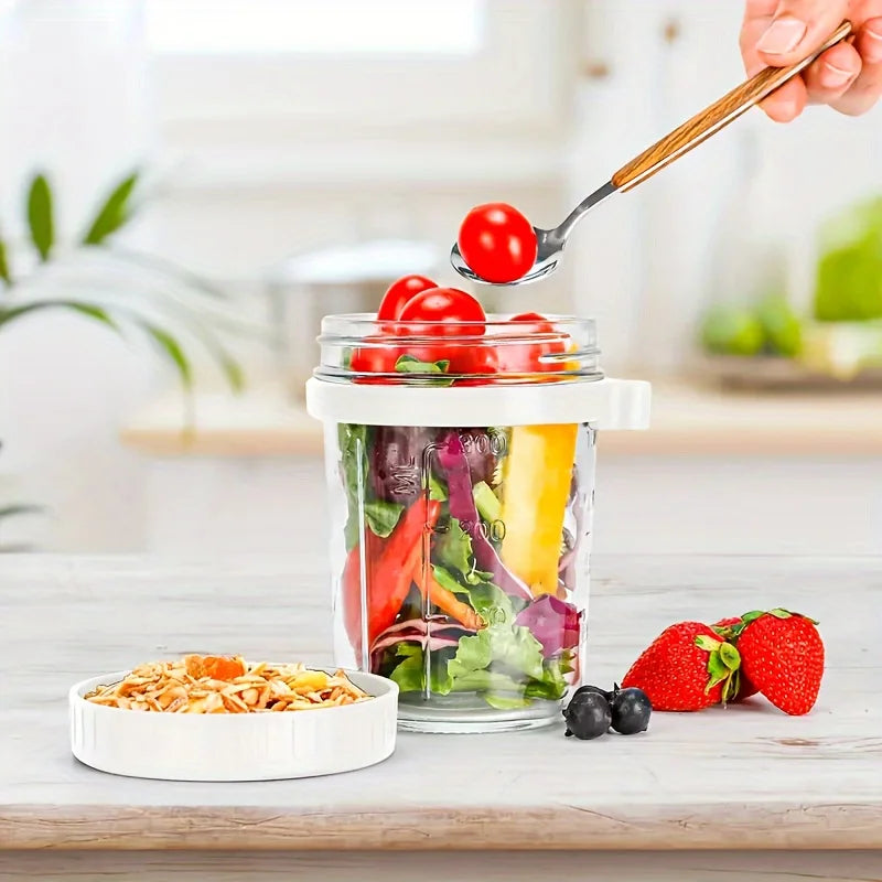 Glass Oatmeal Cup Overnight Oats Container Lid Spoon Cereal Milk Qme