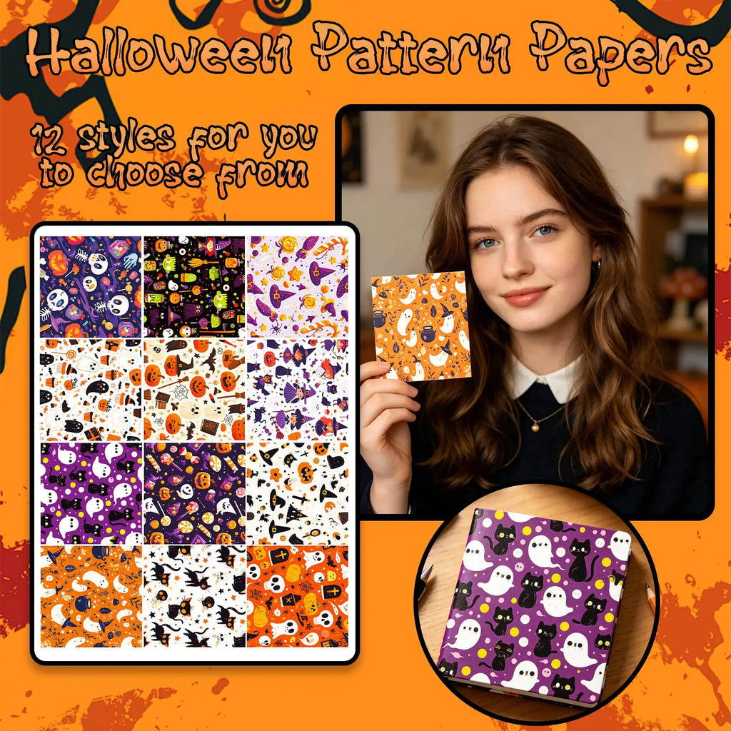 12 Sheets Halloween Theme Wrapping Papers Ghost Skull Spider Web Pattern Gift Wrap Tissue Paper DIY Craft Scrapbooking Supplies Qme