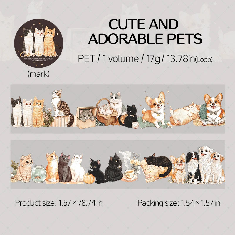 1 Roll Cute Pet Theme PET Seamless Landscape Washi Tape for Scrapbooking DIY Stickers Collage Material Phone Case Notebook Decor Qme 1