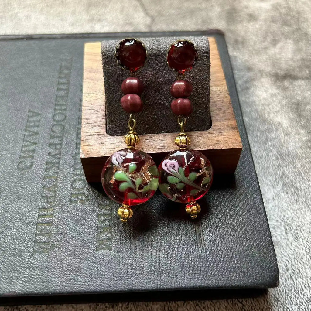 Vintage Flat Round Three-dimensional Red Green Flowers Glass Handmade Gold Foil Fashionable High-end Glass Bead Necklace Qme