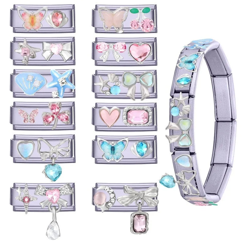 Fashion Purple Pink Butterfly Heart Crown Cherry Zircon Italian Charm Link Fit 9mm Bracelet Stainless Steel Men Women DIY Making Qme