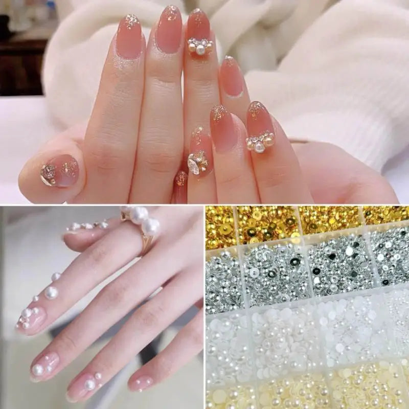 12Grids Mixed Semi-circular Pearl Gold Silver Nail Charms Decor Qme