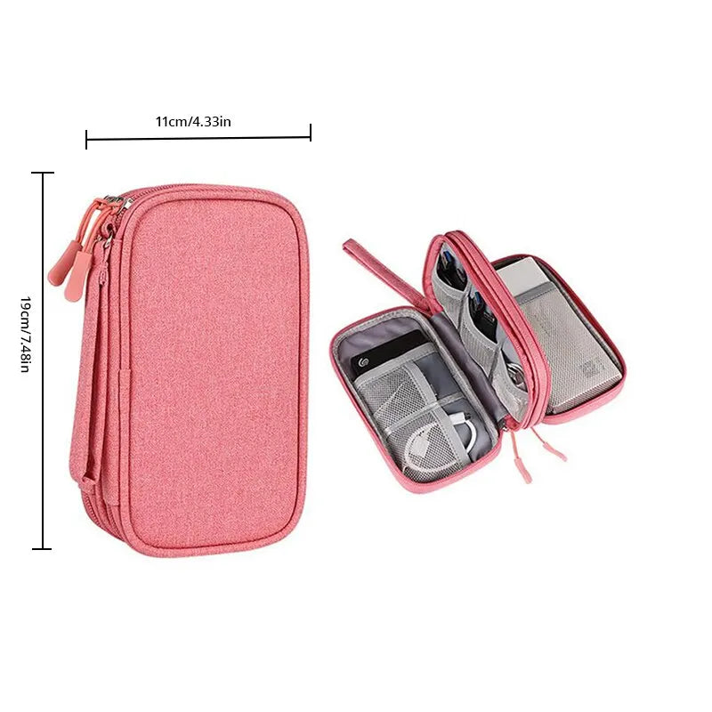 Travel Portable Digital Product Storage Bag USB Data Cable Organizer Headset Cable Bag Charging Treasure Box Bag Qme Pink 2Layer