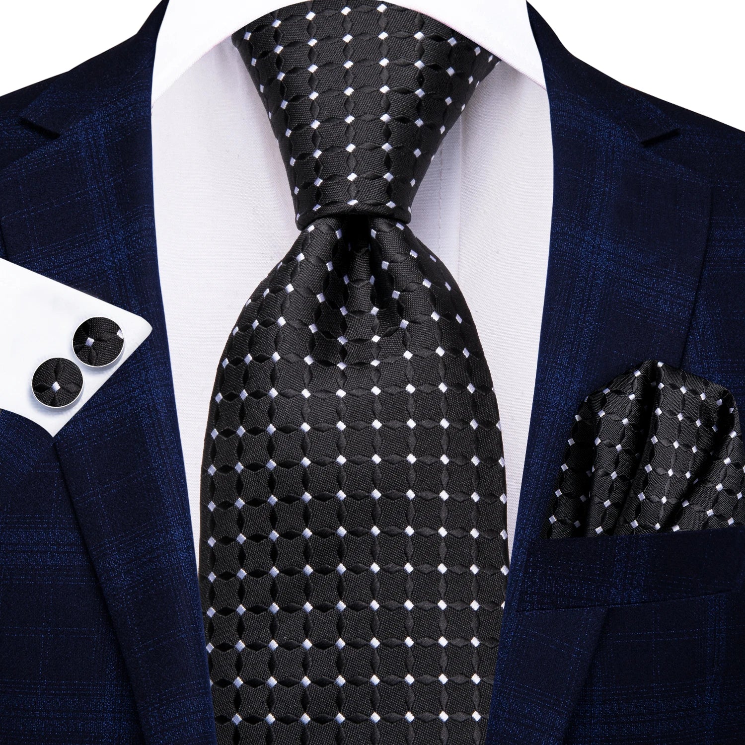 Hi-Tie Fashion 8.5cm Blue Plaid Dots Men's Elegant Tie Handkerchief Cufflinks Set Wedding Party Accessories Gift for Men Gravats Qme N-3894