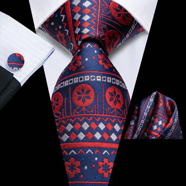 Christmas Red Tie Set 3 Pieces Men Necktie Pocket Square Cufflinks Xmas Wedding Party Suit Accessories Gifts for silk Boyfriend Qme LDSN3836