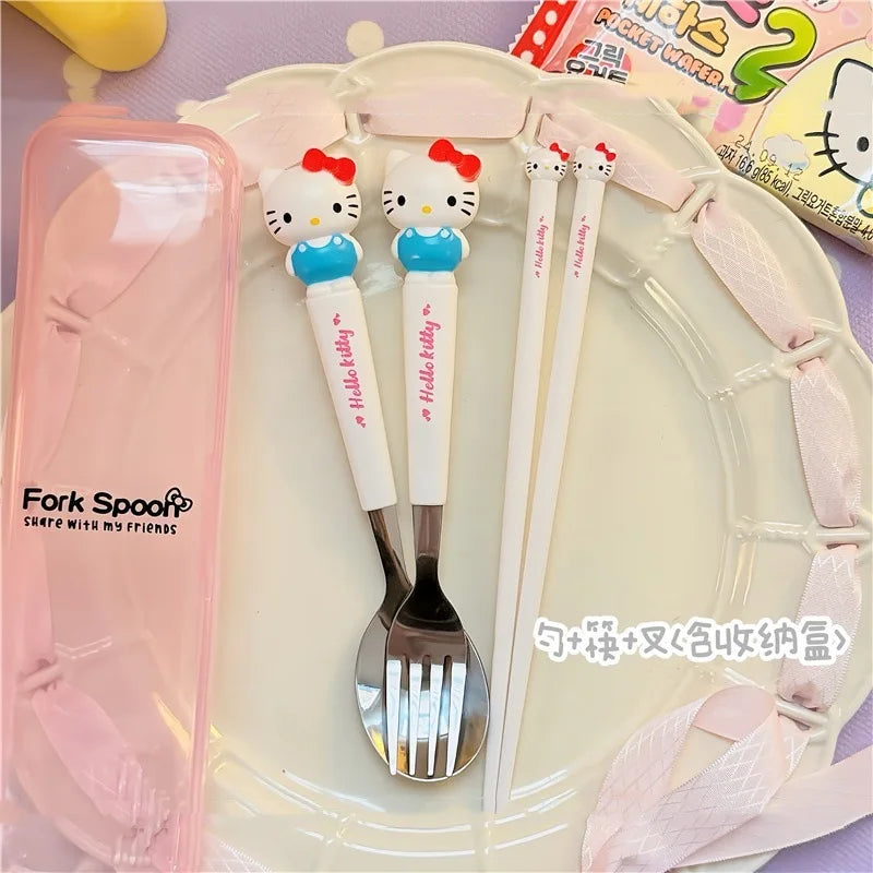 Hello Kitty Cartoon Children's Tableware Spoon Portable Two-Piece Set for Students Stainless Steel Fork and Spoon Set Qme 8