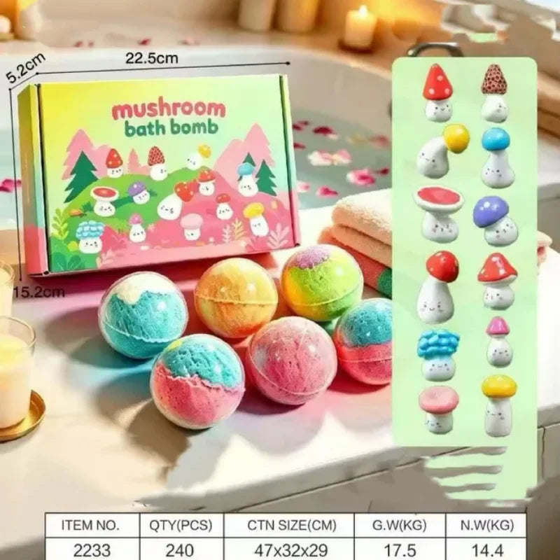 12pcs Kids Bath Bombs Set 60g Each with Surprise Toy Inside Natural Bubble Bath Fizzy Ball for Children Spa Bathtime Gift Qme mushroom 60g