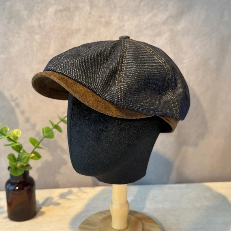 Washed Distressed Vintage Denim Patchwork Beret Painter Hat Qme