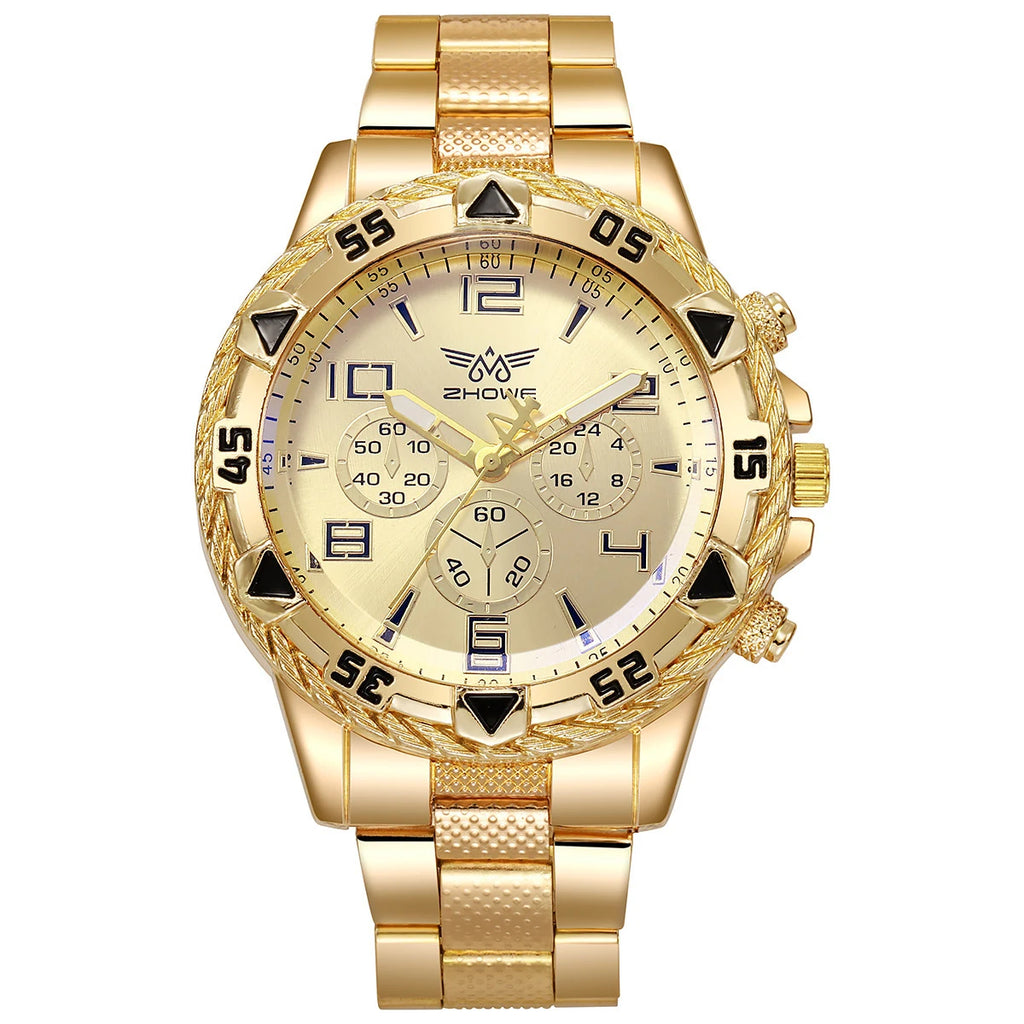 2pcs men's fake three eye casual steel band watch set Qme