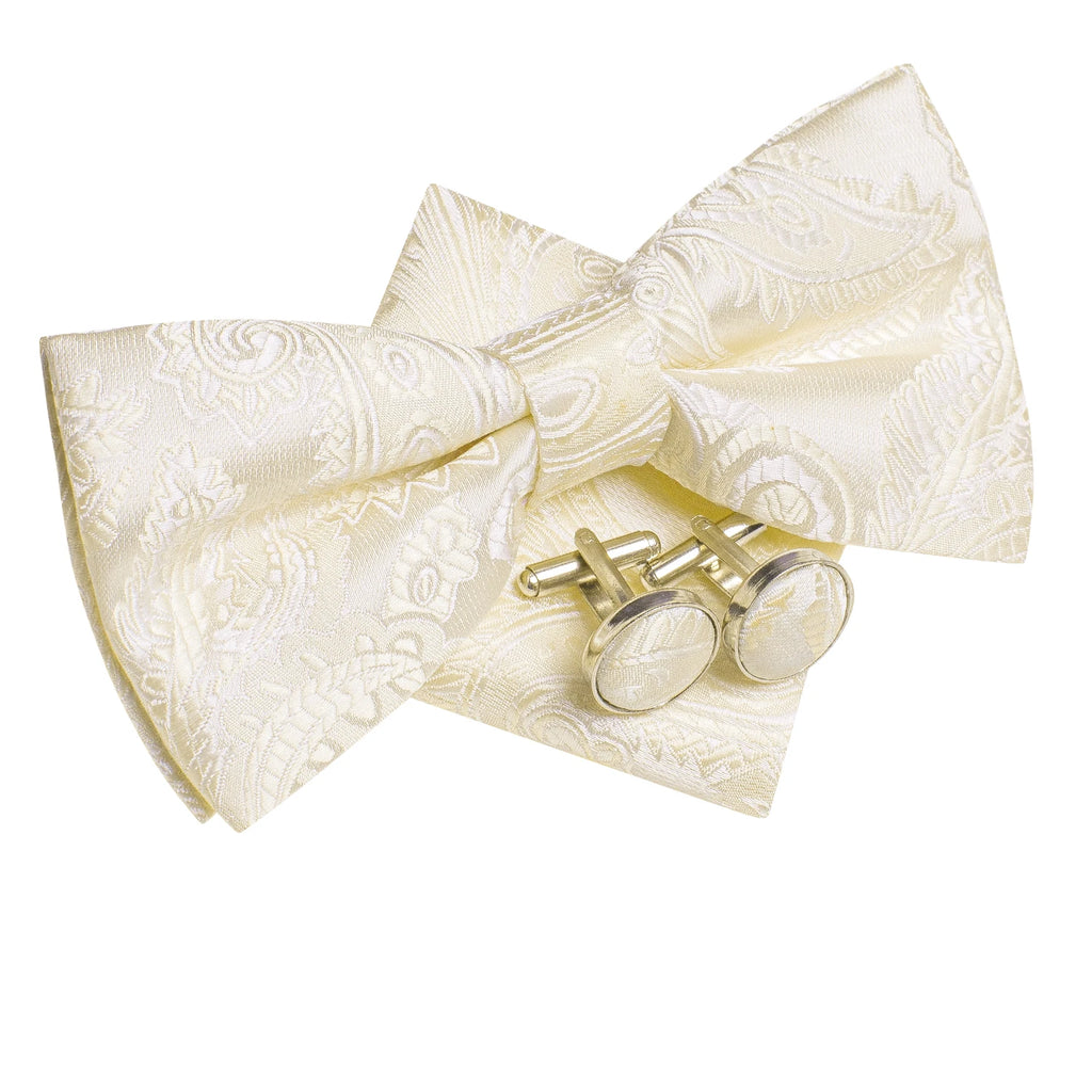 Beige Champagne Gold Mens Bow Tie Hanky Cufflinks Set Jacquard Floral Pre Tied Butterfly Bowtie for Male Wedding silk Business Qme