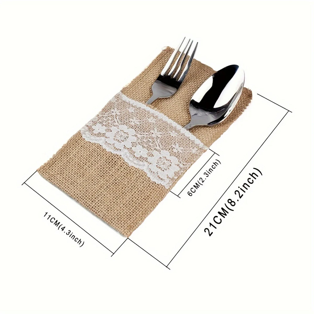 Natural burlap cutlery bag with lace silver napkin holder, wedding party bridal shower table decoration Qme