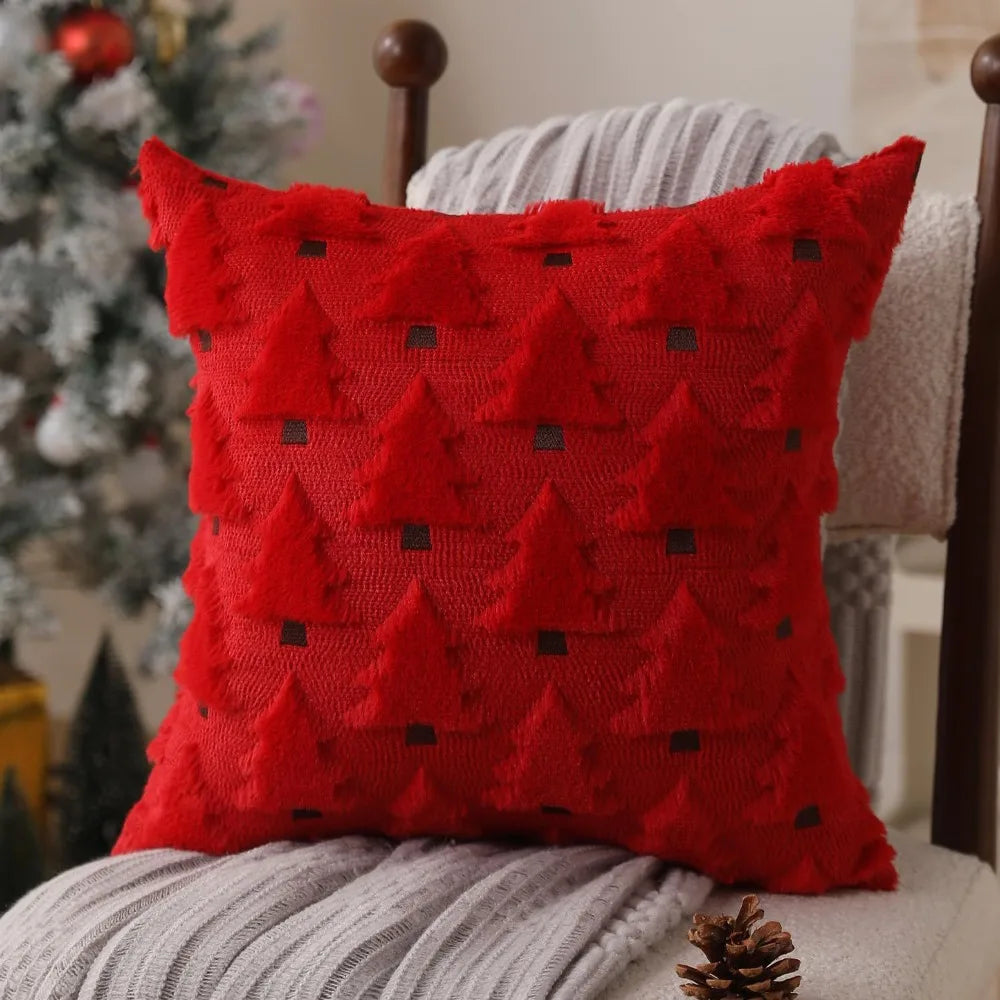 Christmas Pillow Covers 18x18inch Tree Throw Cases Soft Plush Winter Qme Red 450*450mm
