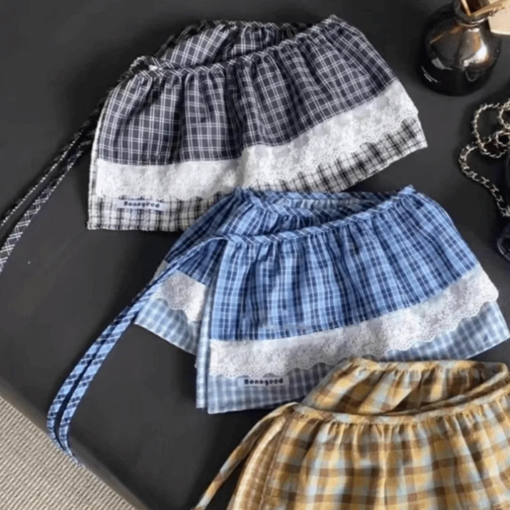 Sweet Balletcore Plaid Fart Curtain Korean Lace Up Mini Skirts Qme