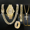 5pcs men's rhinestone watch set, fashionable cross necklace ring bracelet set, father plot gift Qme Gold