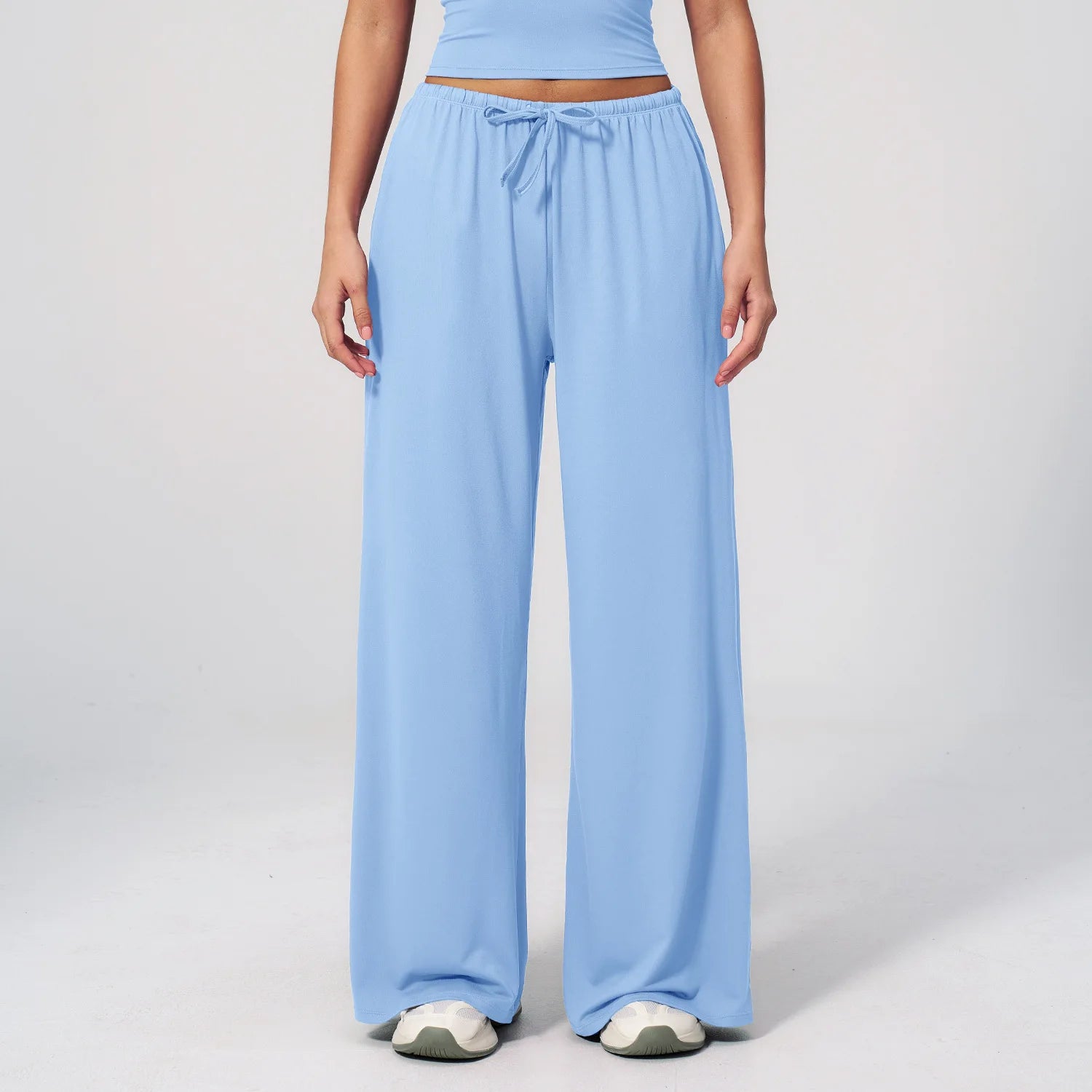 A Women Drawstring High Waist Sports Pants Quick Dry Full Length Wide Leg Yoga Trousers With Pockets For Workout Outdoor Use Qme clear sky blue L