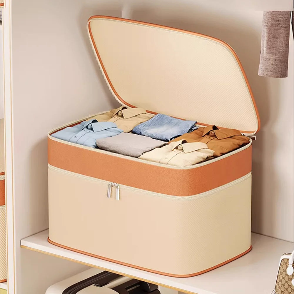 Double-Layer Splicing PU Clothes Storage Box, Large Capacity Quilt & Blanket Organizer for Home Wardrobe Layered Seasonal Use Qme