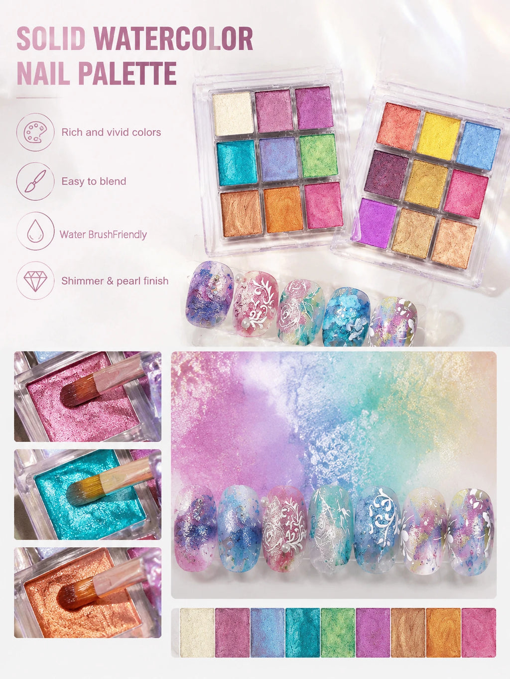 9-color Watercolor Palette Solid Pearlescent Nail Art Perfect DIY Qme