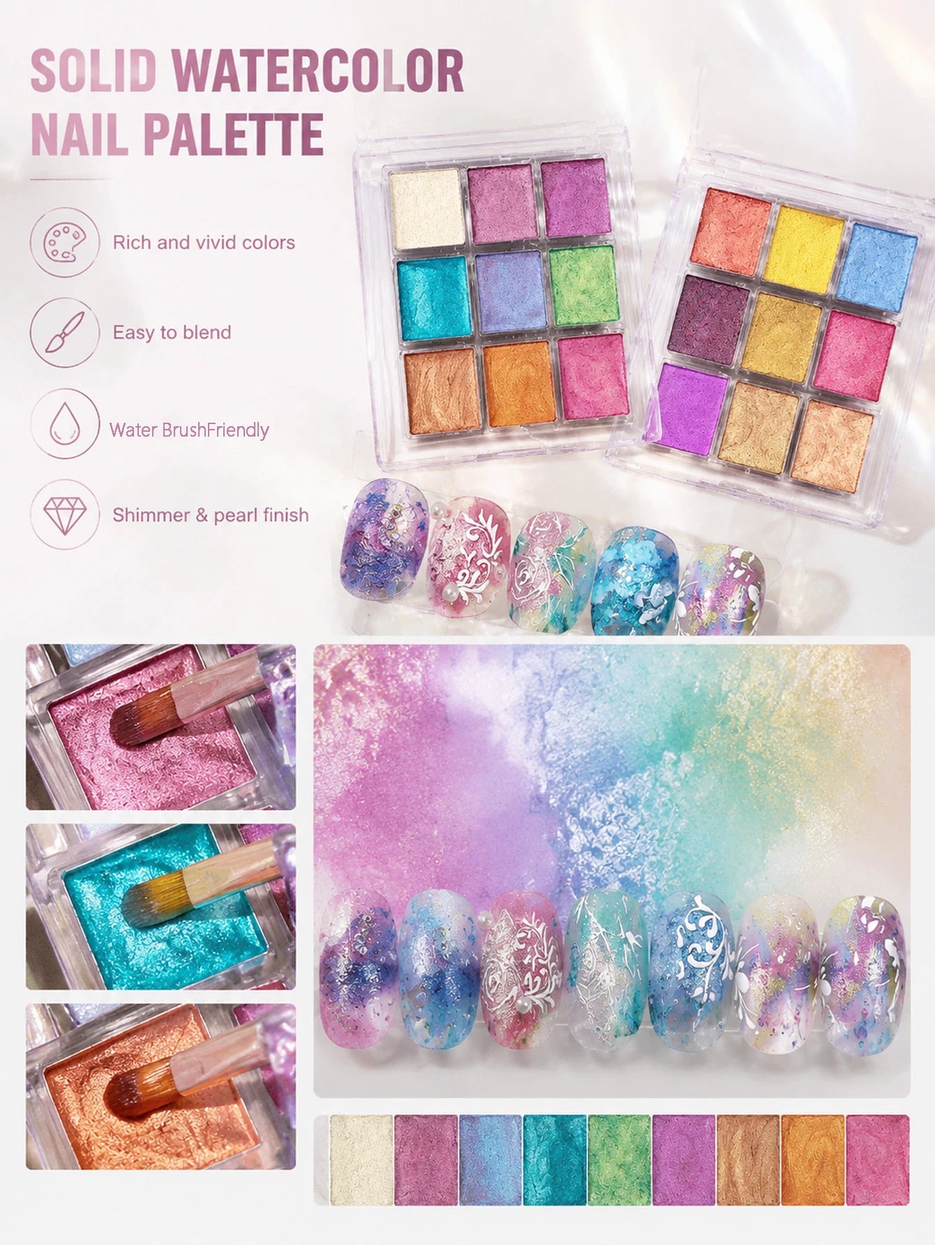 9-color Watercolor Palette Solid Pearlescent Nail Art Perfect DIY Qme