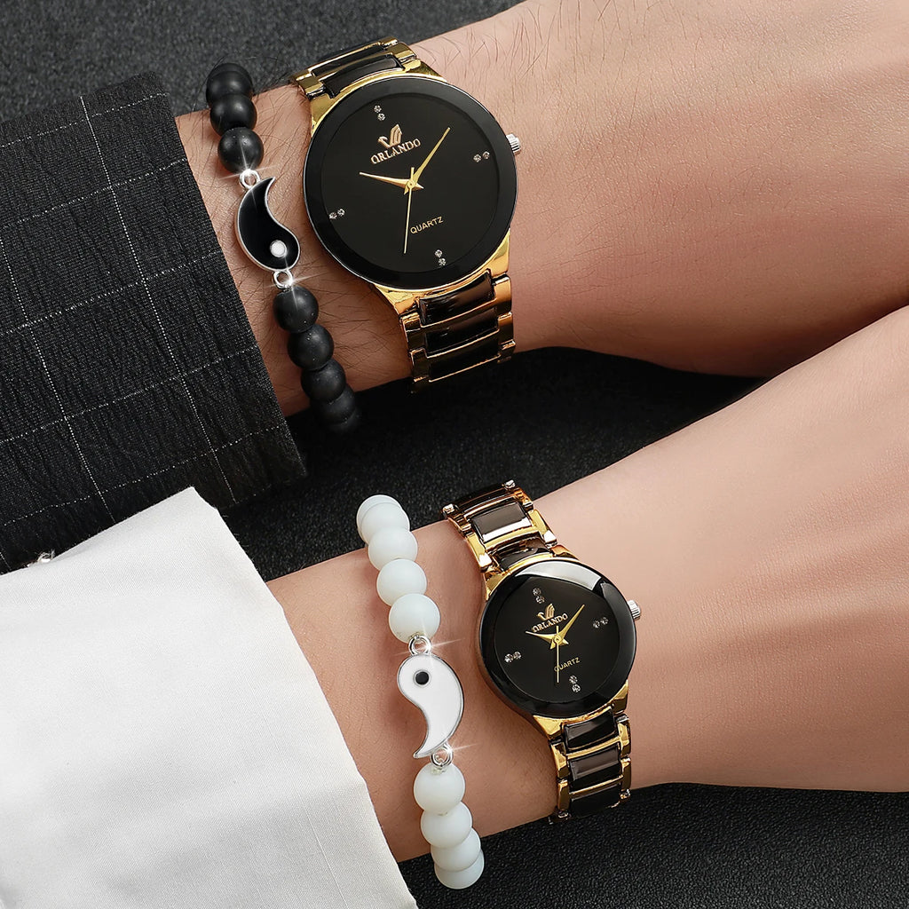 4PCS/Set Watches Fashion Rhinestone Women Quartz Watch Stainless Steel Band Men Wristwatches Bracelets Set Qme