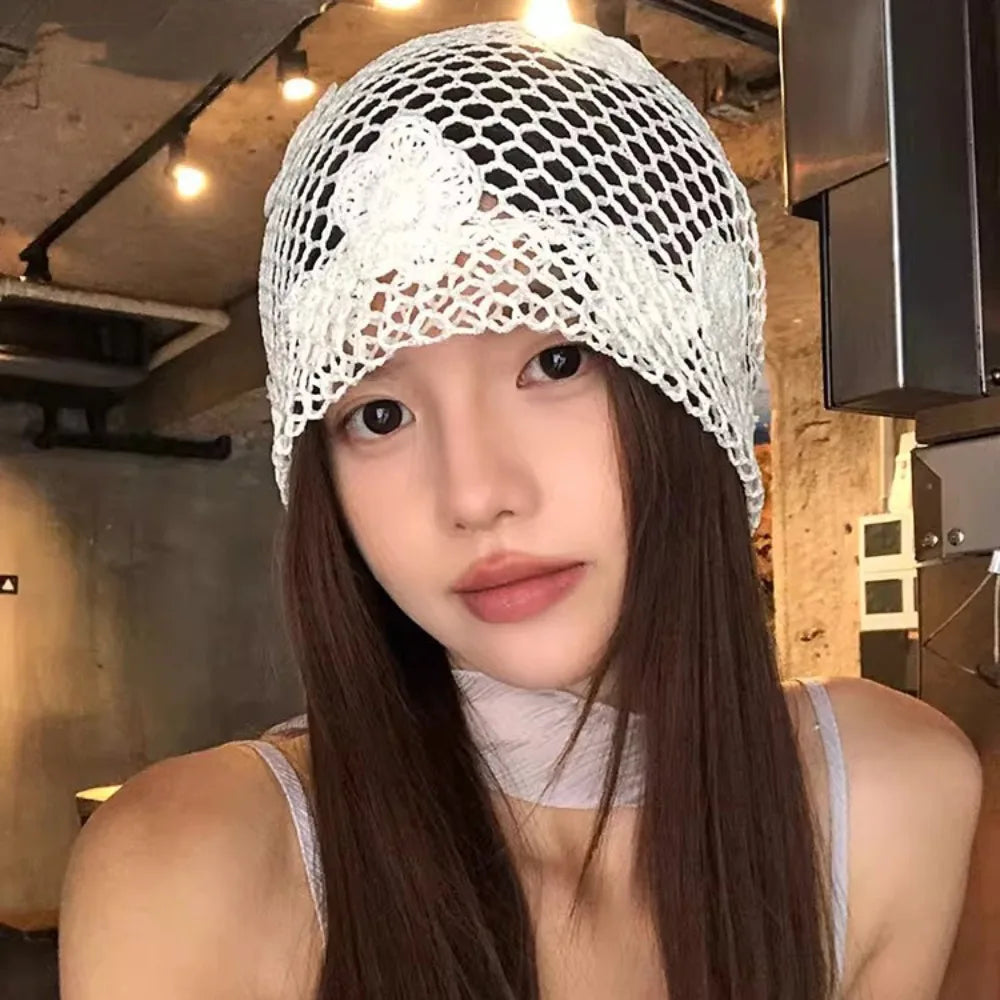 Retro Handmade Crochet Flower Hat Cute Thin Lace Beanies Korean Qme Style2 White
