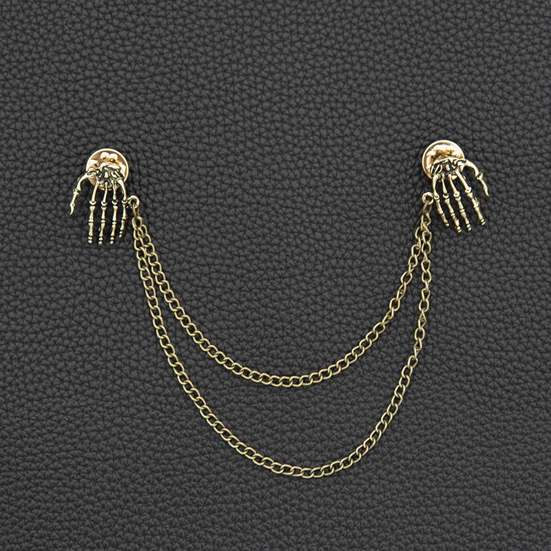New Brooches Punk Skull Shirt Collar Pins Retro Fashion Men and Women Steampunk Charm Palm Universal Retro Chain Brooch Qme