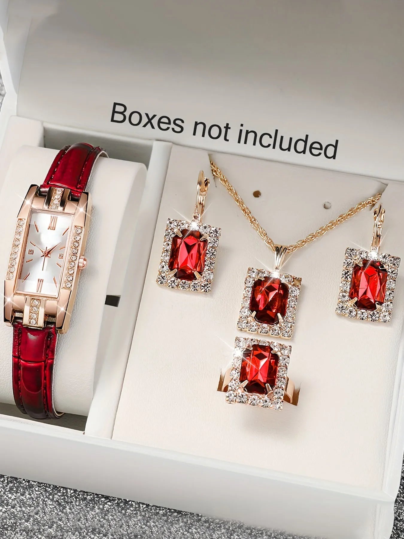 5Pcs/set Red Gold Feast - Ruby and Diamond Jewelry Watch Set Qme Red