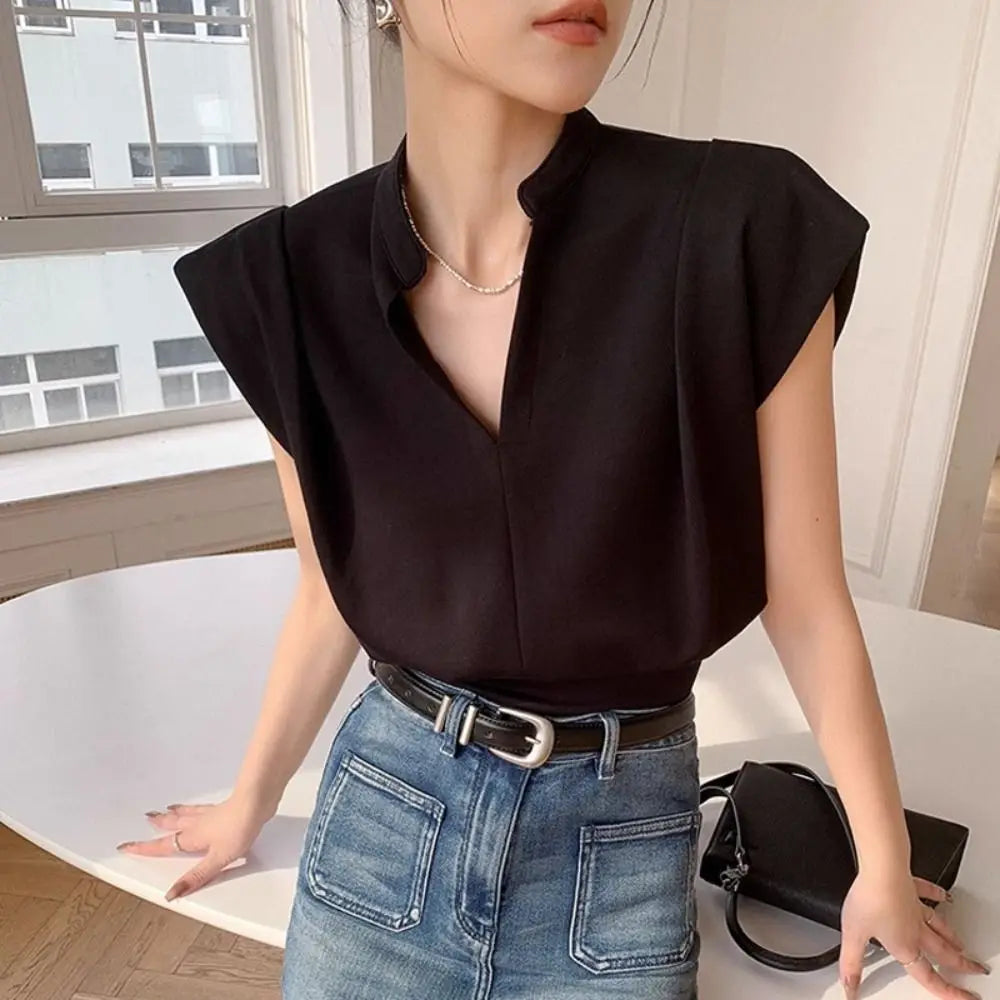 V-neck Flip Collar T-shirt Y2K Slim Fit Sleeveless Crop Wide Shoulder Qme