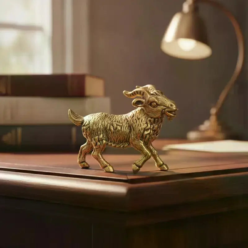 Brass Goat Small Statue Desktop Ornaments Vintage Zodiac Animal Figurines Model Lucky Home Decorations Crafts Accessories Qme