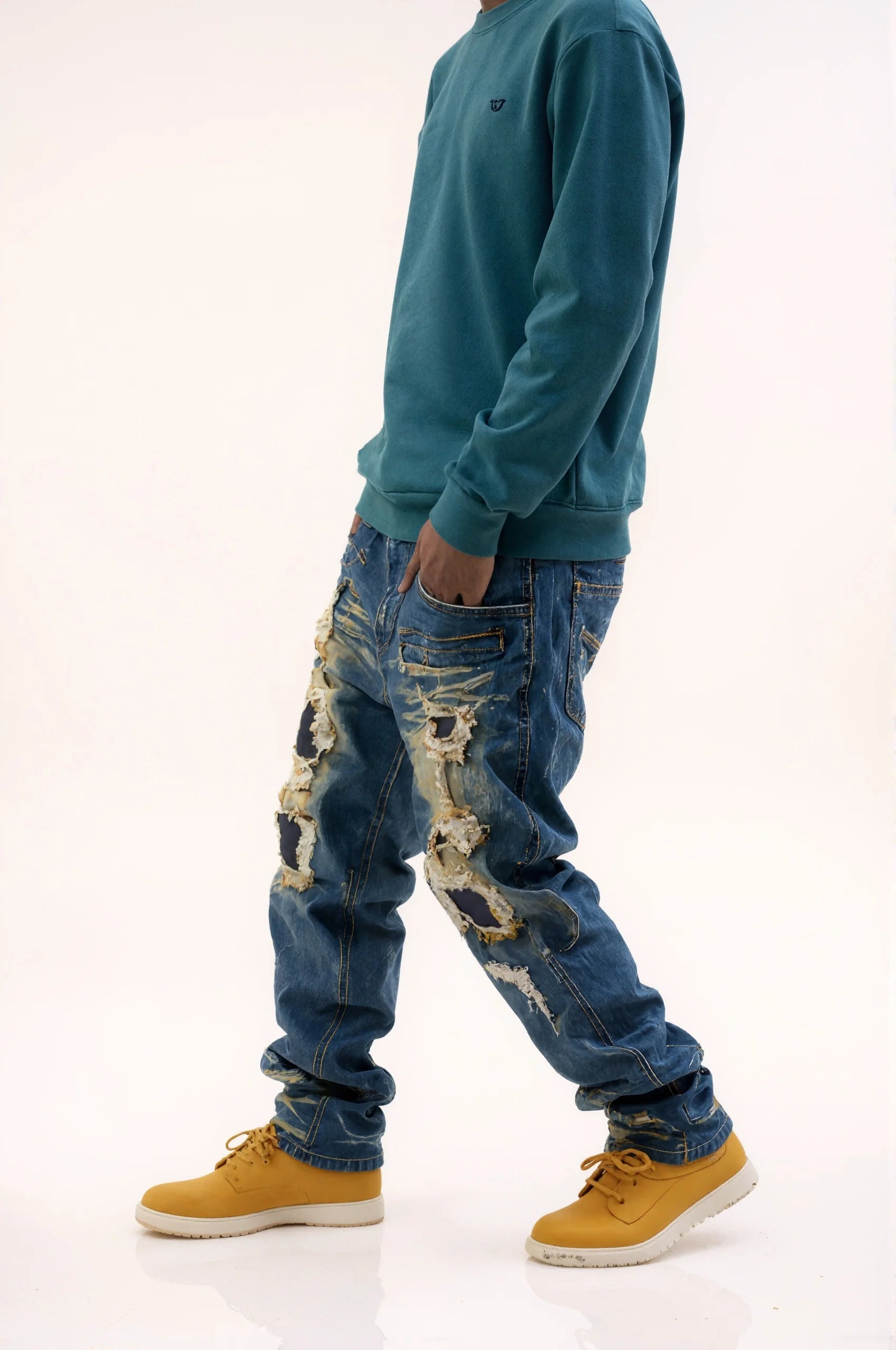 Plus-size Dark Street Style Ripped Jeans, Gradient Wash, Men's Extra Loose Trendy Pants Qme
