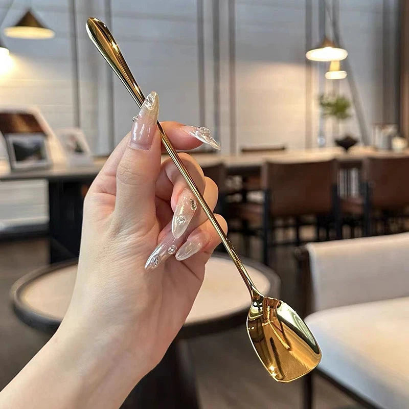 Stainless Steel Long Handle Round Spoon Golden Dinner Stirring Qme