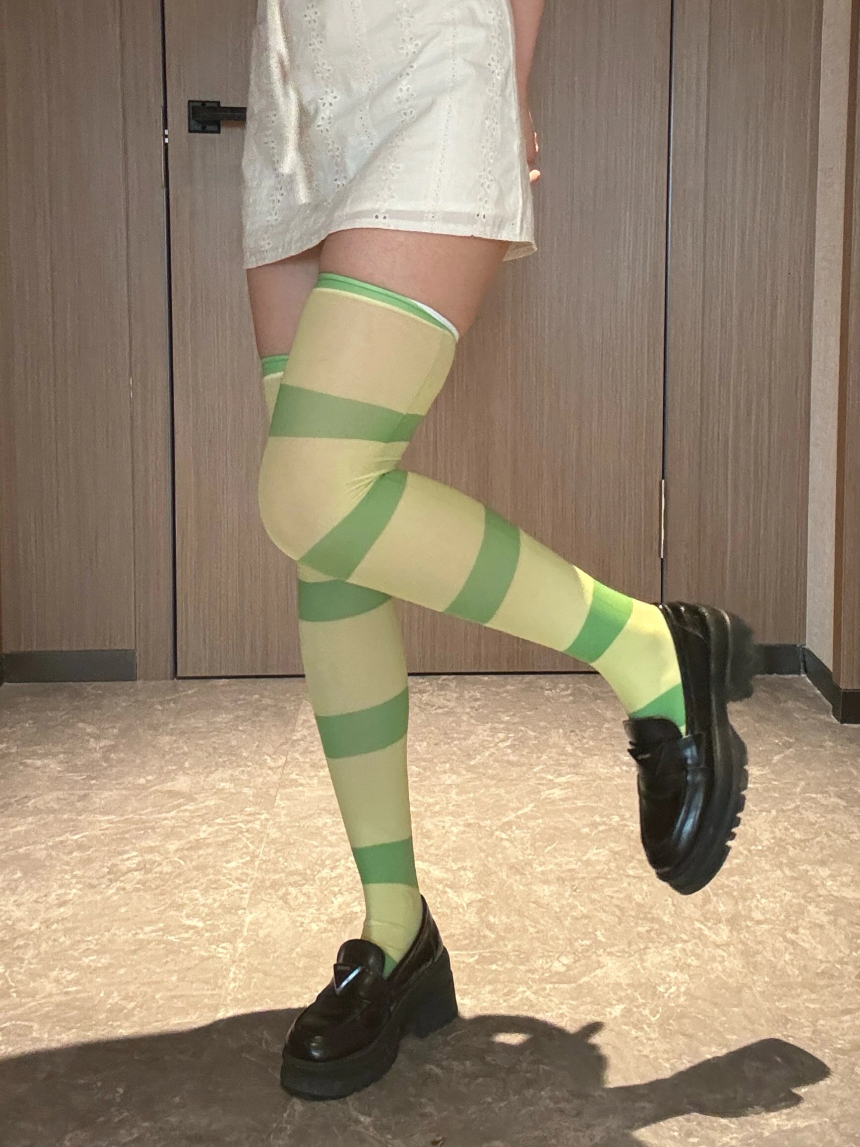 Anime Green White Horizontal Striped Over-the-knee Stockings Fashion Qme