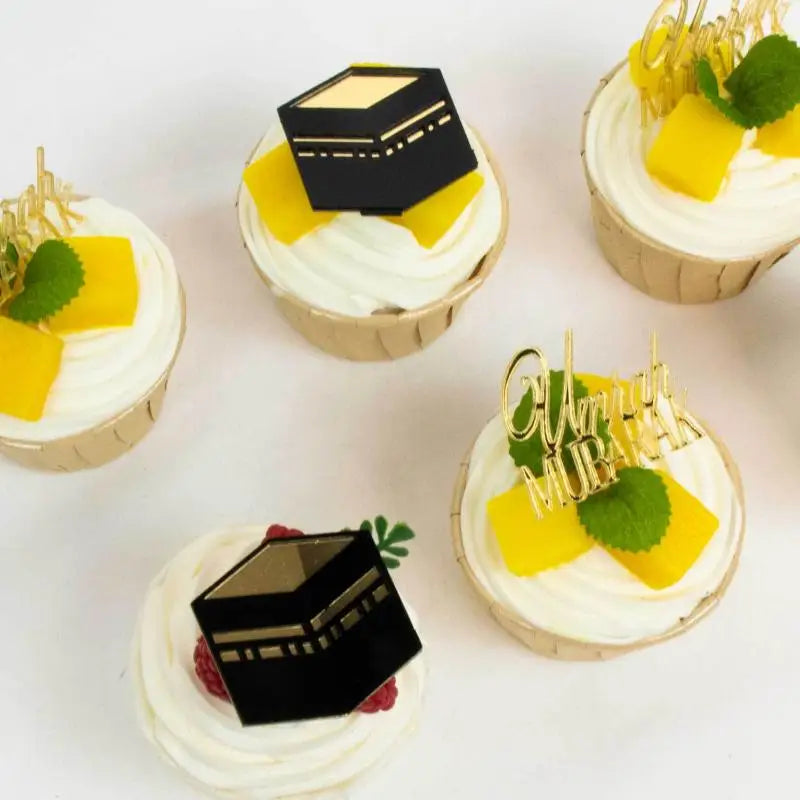 6Pcs/set Golden Muslim Umrah Mubarak Topper Hajj Mubarak Cake Topper Kit Dessert Cupcakes Decoration Ramadan Decorations Qme