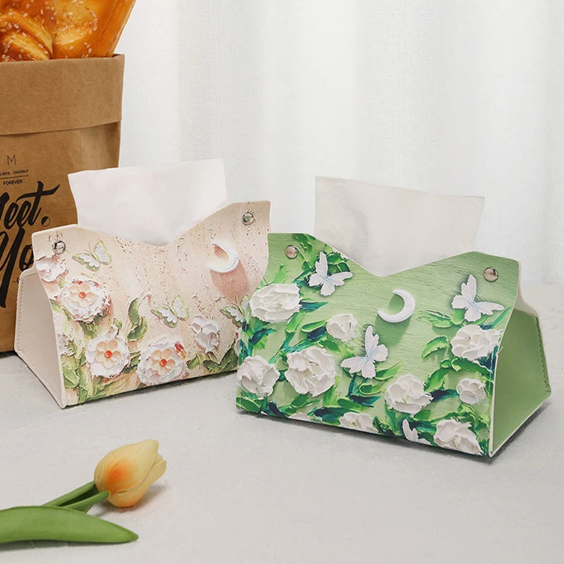 Oil Painting Flowers Tissue Box Creative Tabletop Napkin Home Living Qme