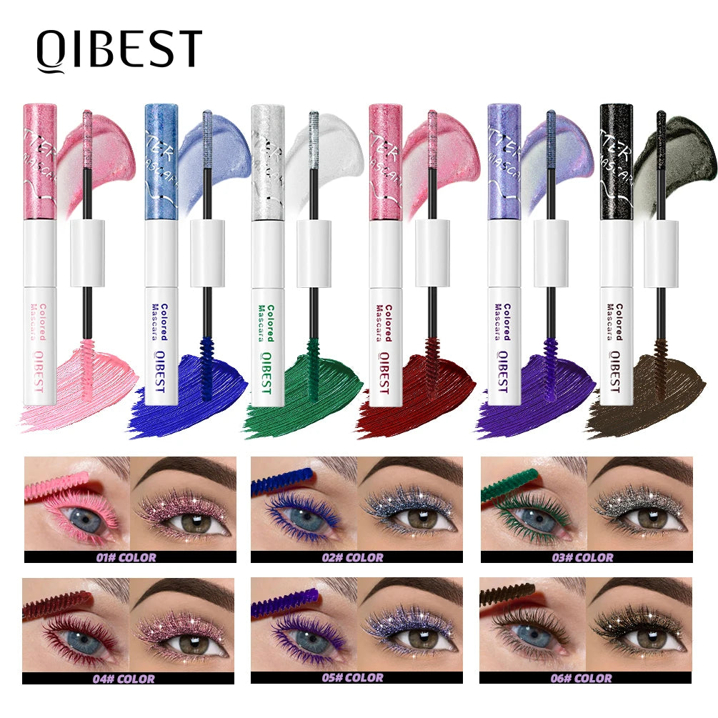 QIBEST Double Ended Diamond Glitter Mascara Lasting Colored Mascara Eyelashes Pink Blue Green Red Voluminous Mascara Rimel Qme