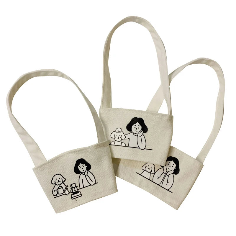 1Pc Portable Water Bottle Holder Carry Bag Coffee Cup Storage Sleeve Cover Canvas Printing Milk Tea Set Drinking Bottle Strap. Qme