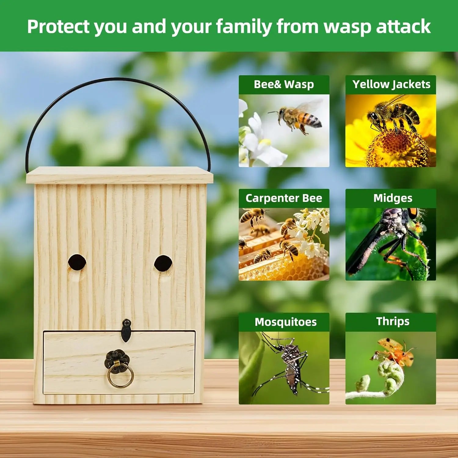 Wooden Carpenter Bee Trap for Outside Nature Hanging Wood Carpenter Bee Traps Outdoor Bee Trap Insect Traps Outdoor Garden Qme