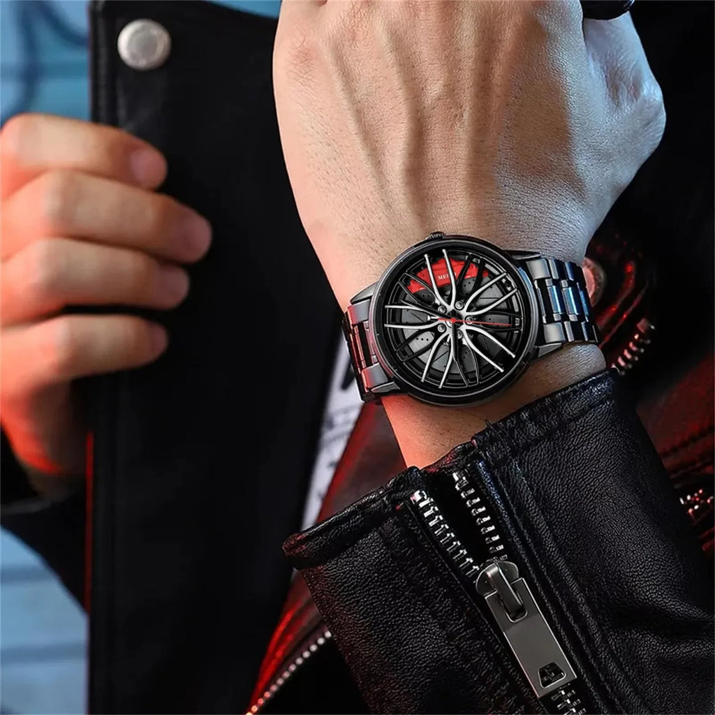 Car Watches For Men,Waterproof Stainless Steel Quartz Wrist Watch Sports Men’s Watches With Car Wheel Rim Hub Design Qme