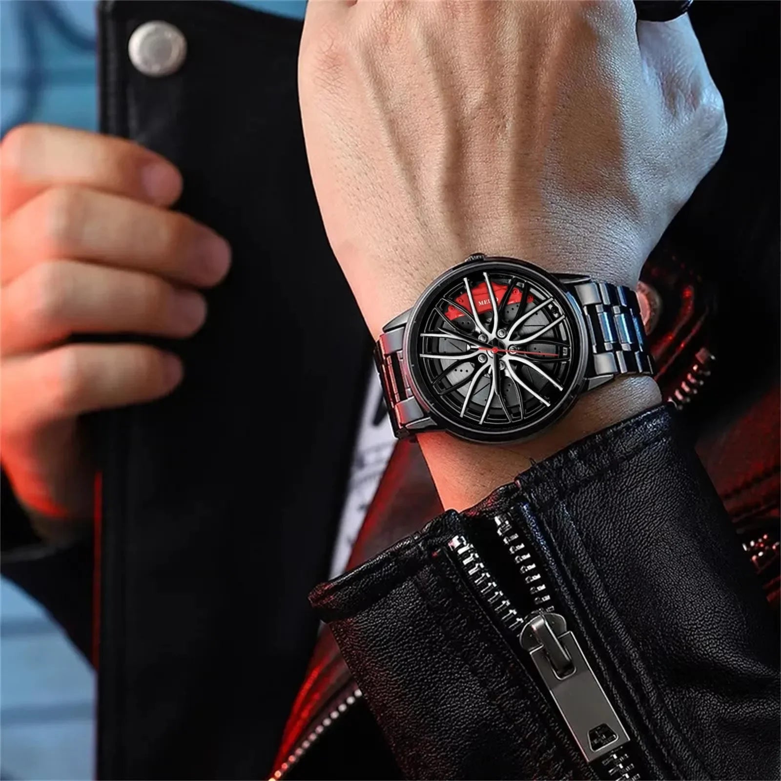 Car Watches For Men,Waterproof Stainless Steel Quartz Wrist Watch Sports Men’s Watches With Car Wheel Rim Hub Design Qme