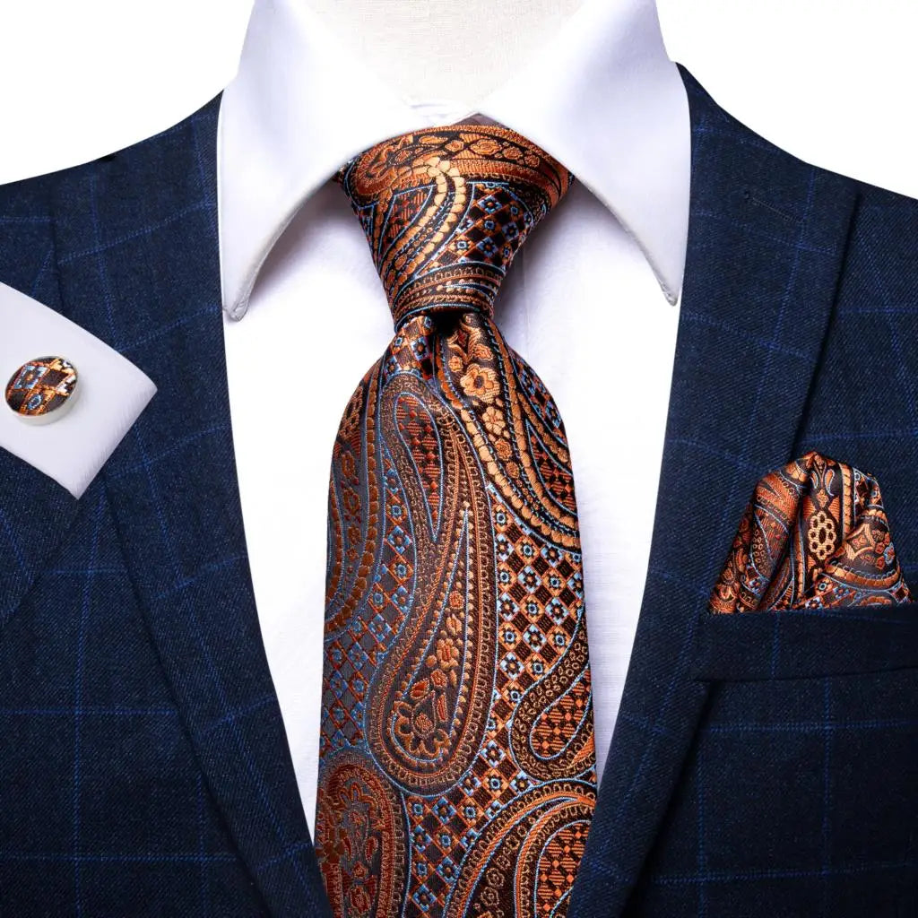 Hi-Tie Paisley Brown Tie For Men Elegant Mens Necktie Pocket Square Cufflink Groom Wedding Accessory Wholesale New Designer Qme 1N-3078
