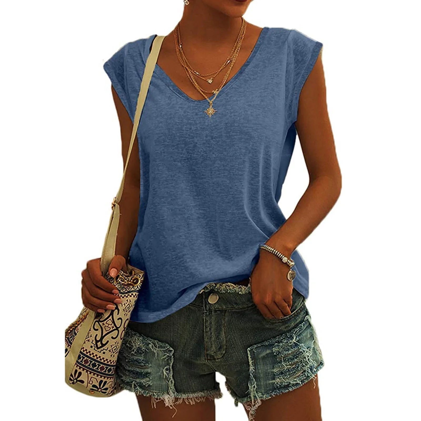 Women's Solid Color Minimalist Fashionable V-Neck Sleeveless T-Shirt Casual And Versatile Loose Summer Basics Street Tank Tops Qme Blue XL